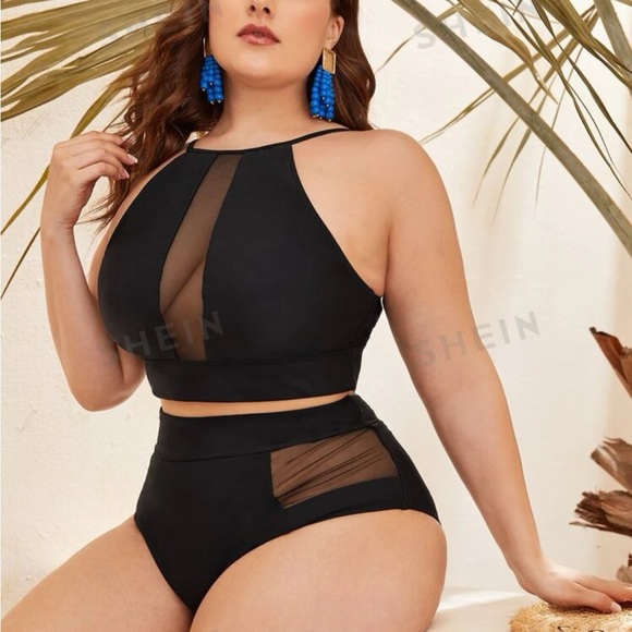 NWT 👙 SHEIN Swim BAE Plus Contrast Mesh High Waisted Bikini Swimsuit - Picture 1 of 6